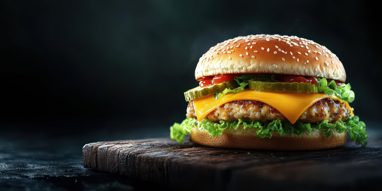 Juicy cheeseburger topped with fresh lettuce, tomatoes, and pickles on a dark wooden board